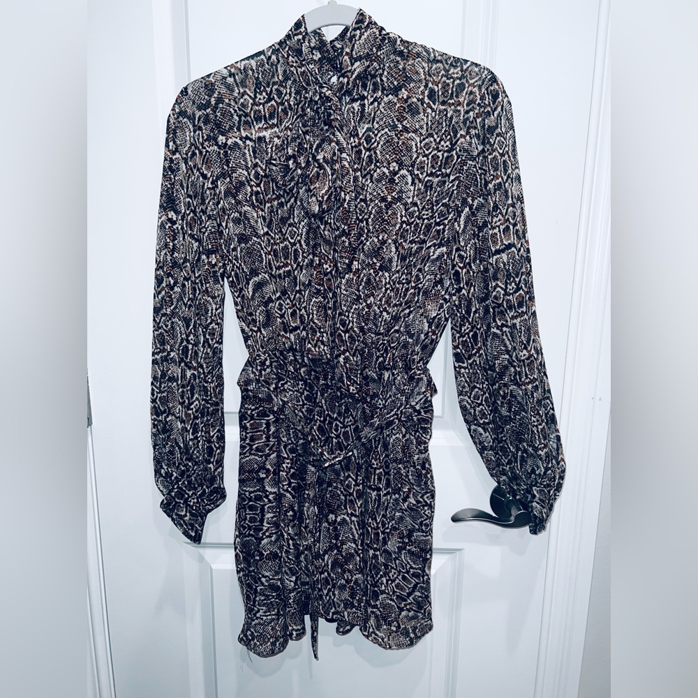 Zara Snakeskin Print Belted Dress Medium Sheer Long Sleeve Keyhole